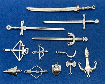 Large Silver Fantasy Weapons Arsenal Set Charms Pendants  ~  New Set of Twelve