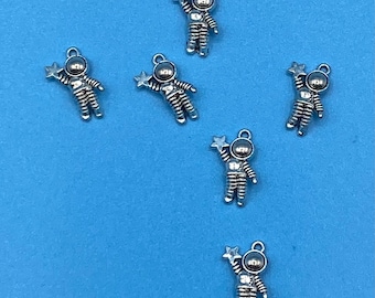 Silver Astronaut Spaceman with Star Charm Pendants ~ Set of Six