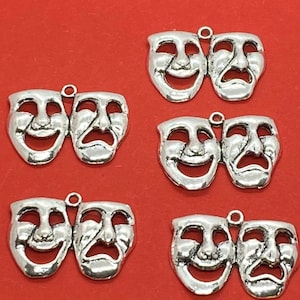 Large Comedy and Tragedy Silver Theatre Masks Charms and Pendants  ~ Set of Five