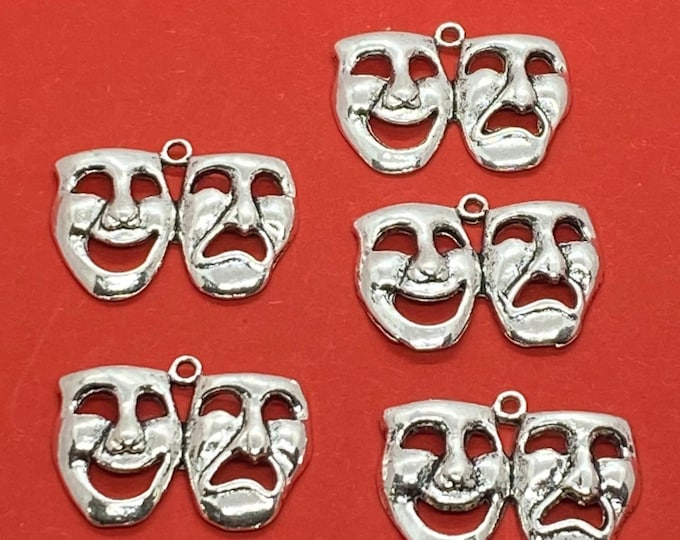 Large Comedy and Tragedy Silver Theatre Masks Charms and Pendants  ~ Set of Five