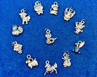 Silver Chinese Astrology Zodiac 12 Animals Charm Pendants  ~ Set of Twelve