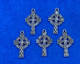 Large Silver Celtic Knot Style Cross Charm Pendant - Set of Five
