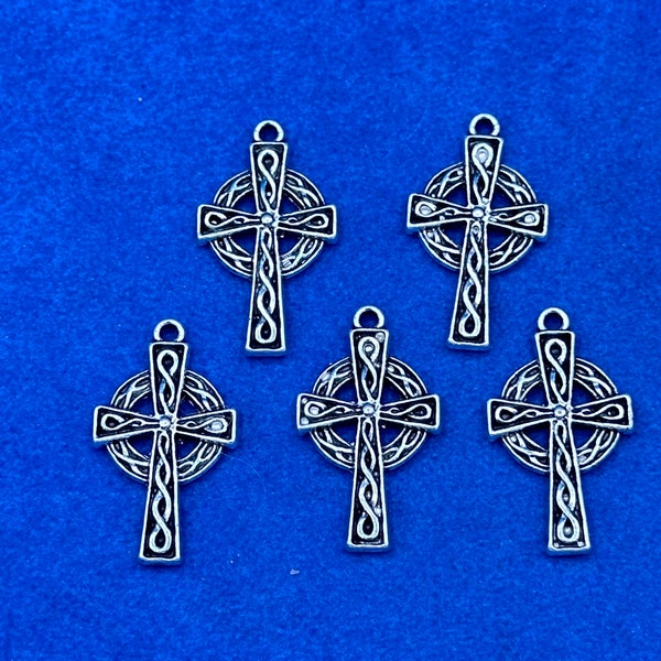 Large Silver Celtic Knot Style Cross Charm Pendant - Set of Five