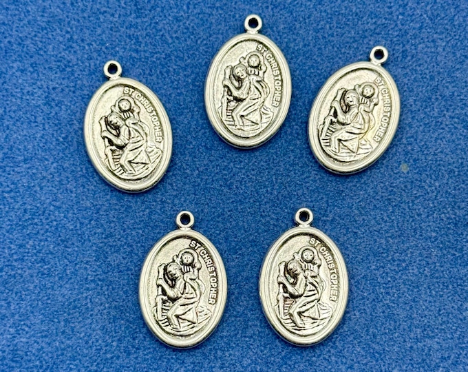 Silver Oval Patron Saint St Christopher Medal Charm Pendant ~ Set of Five