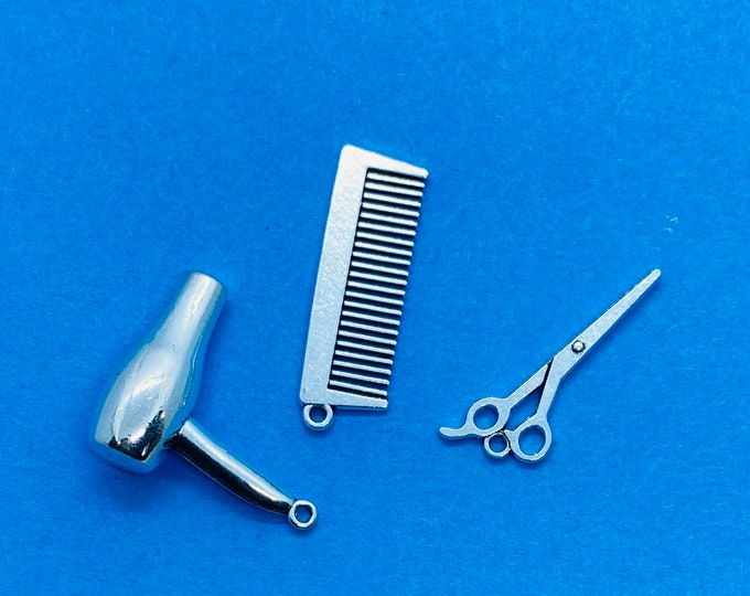 Silver Hairdressing, Barber and Stylist Hair Dryer, Comb and Scissors Charm Pendants - Set of Three