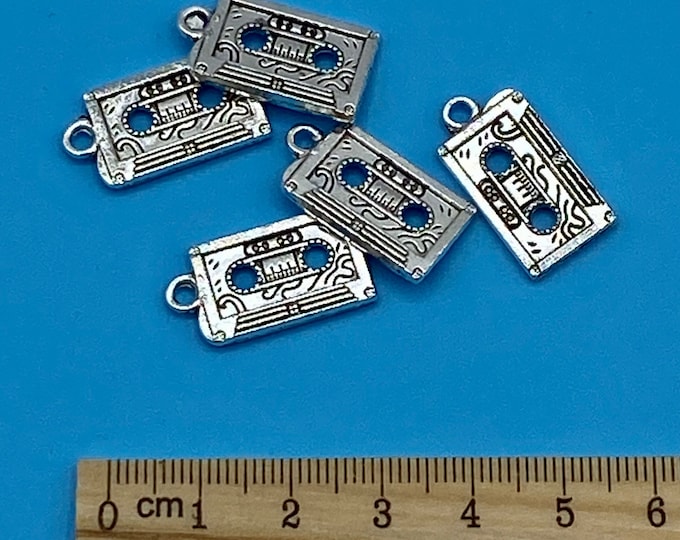Silver Retro Audio Cassette Tape Charms Pendants ~  Set of Five