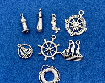 Traditional Silver Shipping Nautical and Seafaring Pendant Charms - Set of Eight