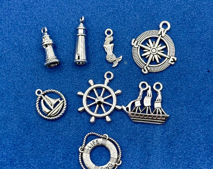 Traditional Silver Shipping Nautical and Seafaring Pendant Charms - Set of Eight