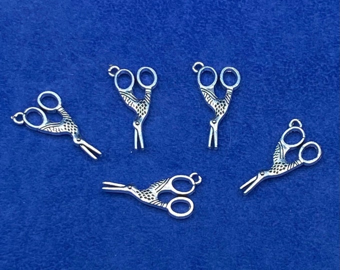 Silver Traditional Victorian Stork Embroidery Scissors Charm and Pendants Set of Five