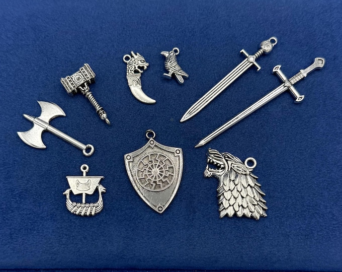 Silver Norse Viking Charms: Weapons, Mythology Pendants - Set of Nine