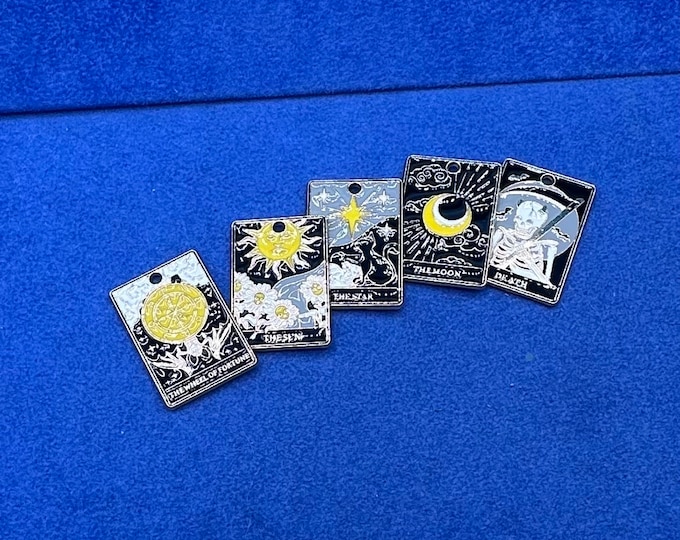 White, Black and Coloured Enamel on Gold Modern Styled Tarot Card Fortune Telling Set Charm Pendants - Set of Five