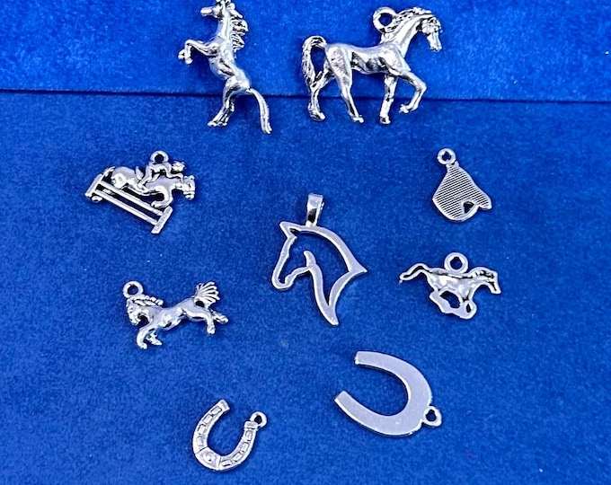 Silver Horse and Equestrian Set of Nine Assorted Charm Pendants