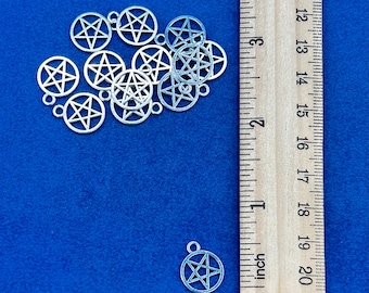 Mini Silver Pentacle, Pentangle, Pentagram Charm Pendant ~ Set of Twelve