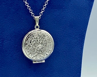 Bright Silver Round Photo Locket With Detailed Engraved Daisy Floral Design with Necklace.