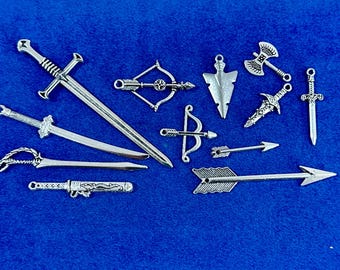 Large Silver Fantasy Weapons Arsenal Set Charms Pendants  ~  New Set of Twelve