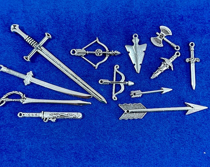 Large Silver Fantasy Weapons Arsenal Set Charms Pendants  ~  New Set of Twelve
