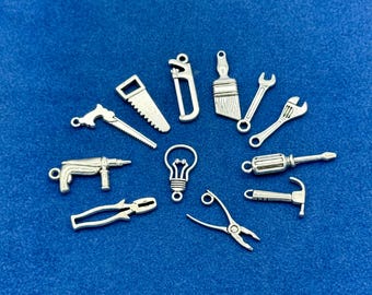 Silver Tool Set Charms: Carpenter, Builder, DIY Pendants (Set of Twelve)