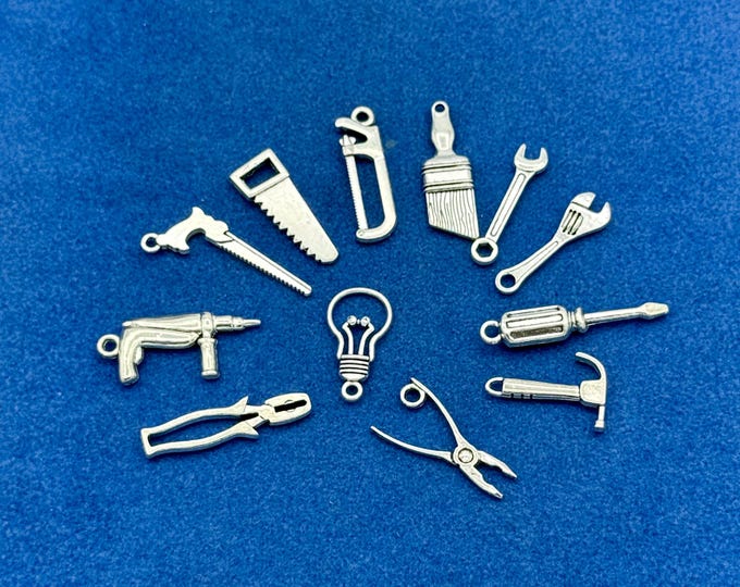 Silver Tool Set Charms: Carpenter, Builder, DIY Pendants (Set of Twelve)
