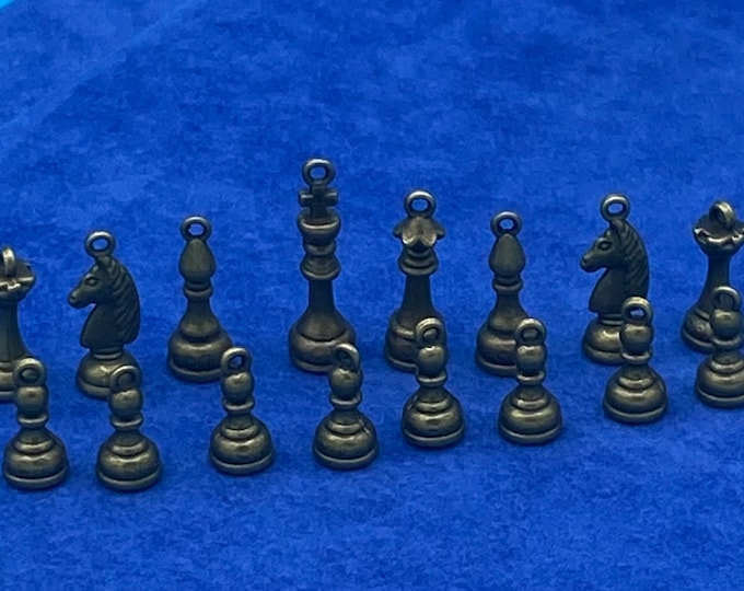 Set of Antique Bronze Chess Pieces Charm Pendants - Set of Sixteen