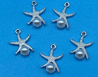 Bright Silver Starfish with Pearl Charm Pendant  ~ Set of Five