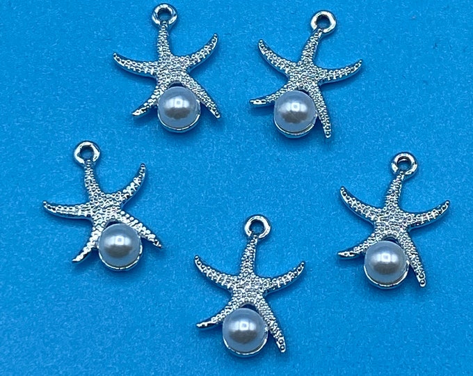 Bright Silver Starfish with Pearl Charm Pendant  ~ Set of Five