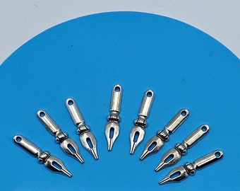 Large Silver Traditional Handwriting Pen Nibs Pendant Charms - Set of Eight