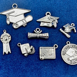 Silver Graduation Sets, Mortar Boards & Tassels, Diplomas and more…Charm Pendants  ~ Set of Eight