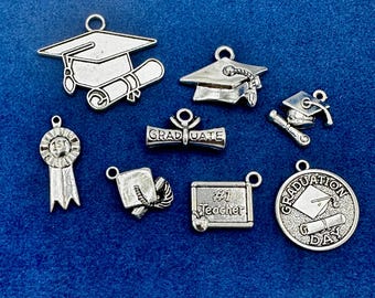 Silver Graduation Sets, Mortar Boards & Tassels, Diplomas and more…Charm Pendants  ~ Set of Eight