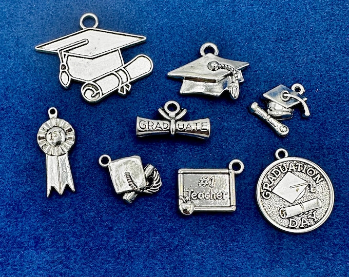 Silver Graduation Sets, Mortar Boards & Tassels, Diplomas and more…Charm Pendants  ~ Set of Eight