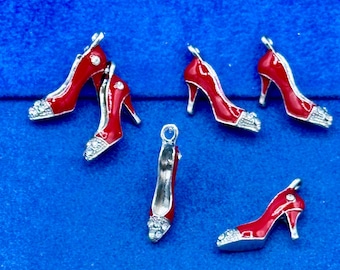 Bright Fire Brick Red Enamel on Antique Silver with Rhinestones High Heel Court Shoes Charms Pendants - Set of Six