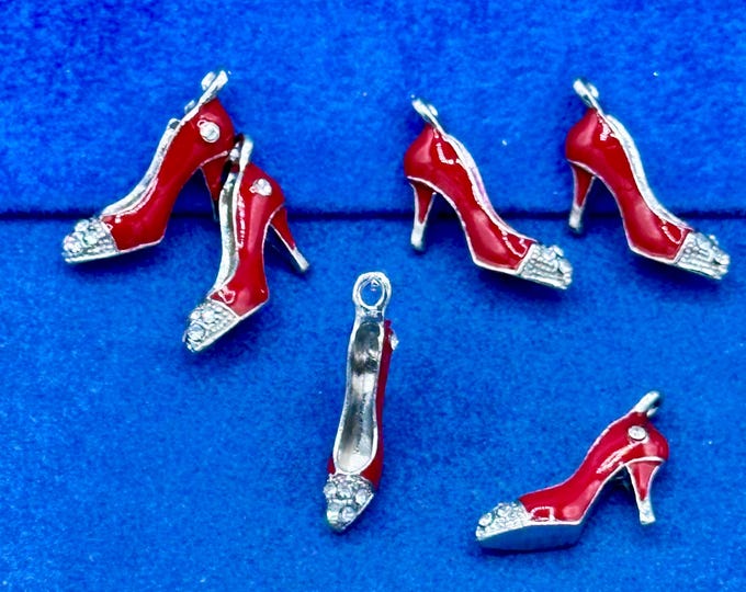 Bright Fire Brick Red Enamel on Antique Silver with Rhinestones High Heel Court Shoes Charms Pendants - Set of Six