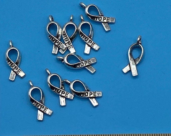 Small Silver Awareness Ribbon with Hope Charm Pendants  - Set of Ten