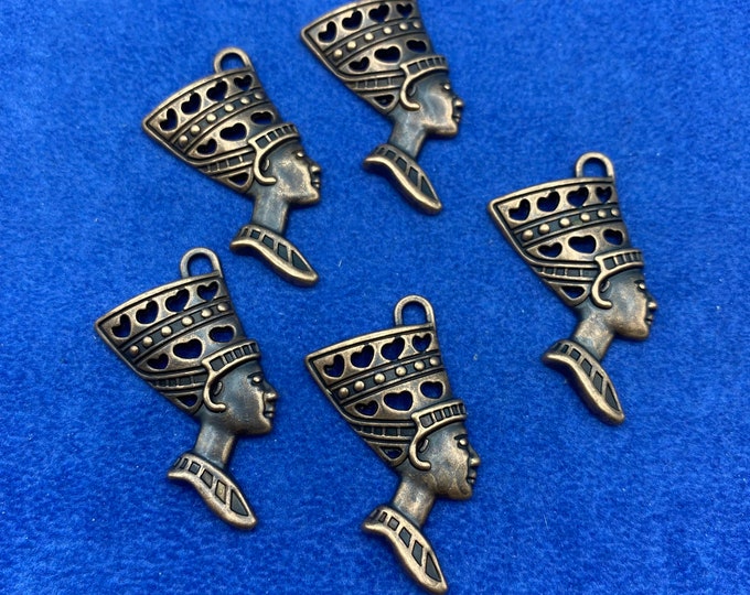 Large Antique Bronze Queen Nefertiti Side Profile Charm Pendent ~ Set of Five