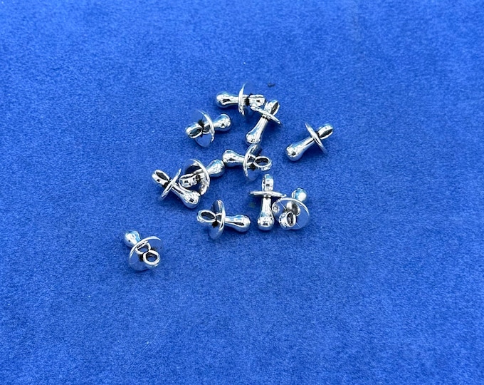 Small Silver New Baby Pacifiers ‘Dummies’ Charm Pendants  ~ Set of Ten