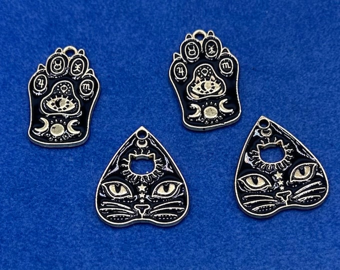 Gold and Black Cat Ouija Board Planchette & Mystic Paw Charm Pendant  - Set of Four
