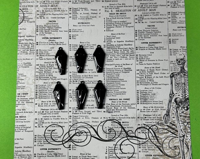 Traditional Vampire Coffin in Black Enamel on Silver Charm Pendants ~ Set of Six