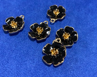 Large Black Enamel and Gold Flower Charm Pendants - Set of Five