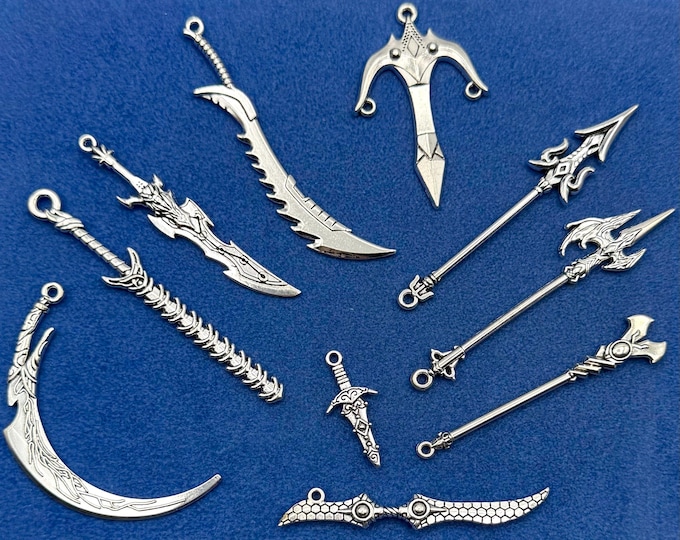 Large Silver Fantasy and Gaming Weapons Set No 2 Charms Pendants  ~  Set of Ten