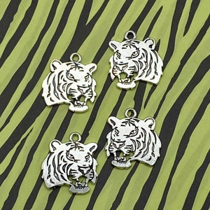 Large Silver Tiger Head Charm Pendants - Set of Four