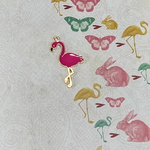 Gold & Bright Pink Flamingo From Alice In Wonderland Charm Pendant -Set of Five