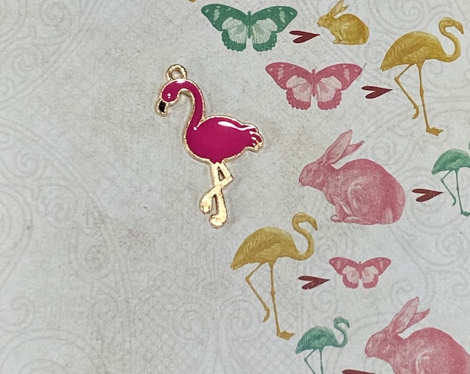 Gold & Bright Pink Flamingo From Alice In Wonderland Charm Pendant -Set of Five