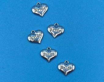 Small Silver Heart Shape Bride Charm Pendants  ~ Set of Five