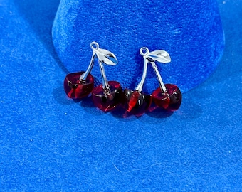Large Silver Pairs of Vintage Retro Juicy Red Cherries Charms Pendants - 4 cherries