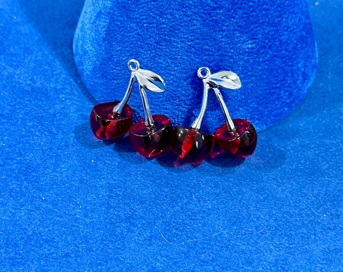 Large Silver Pairs of Vintage Retro Juicy Red Cherries Charms Pendants - 4 cherries