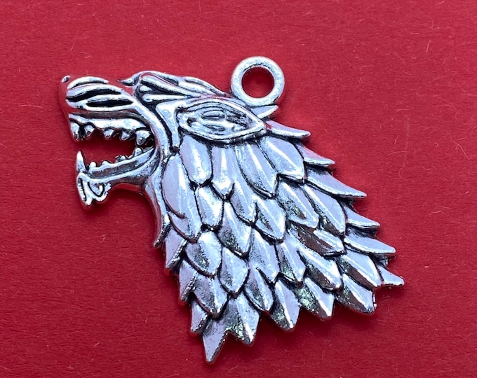 Large Silver Wolf’s Head Dire Wolf Charm Pendant - Set of Five