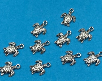 Little Silver Swimming Turtle Charm Pendants  ~ Set of Ten