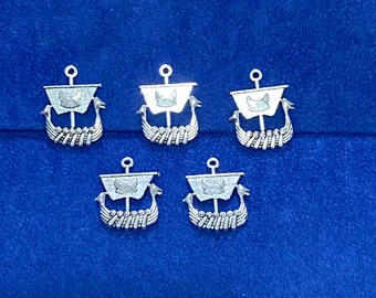Large Silver Viking Long Boat Ship Charm Pendents - Set of Five
