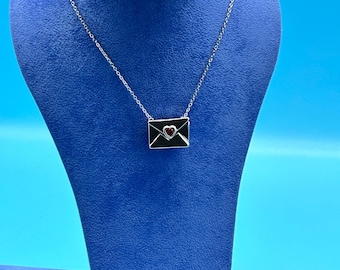 Silver “I Love You’ Mini Postcard inside Envelope with Cubic Zirconia Pendant Charm Necklace