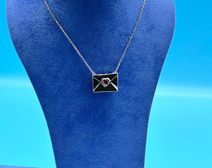 Silver “I Love You’ Mini Postcard inside Envelope with Cubic Zirconia Pendant Charm Necklace