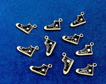 Basketball Boots High Top Trainers Charm Pendants in Black Enamel & Gold. Set of 10